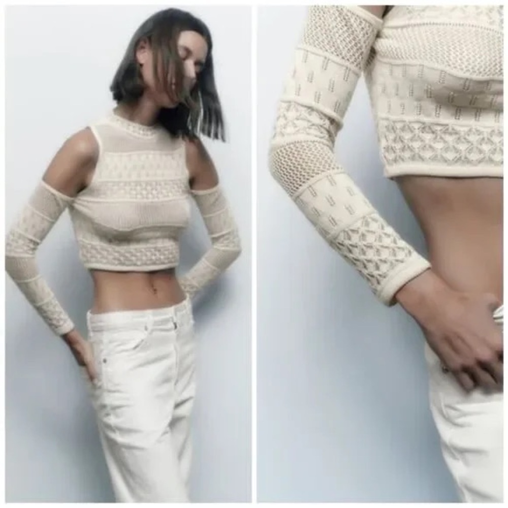 Zara Ivory Knit Top with Shoulder Cut-Outs